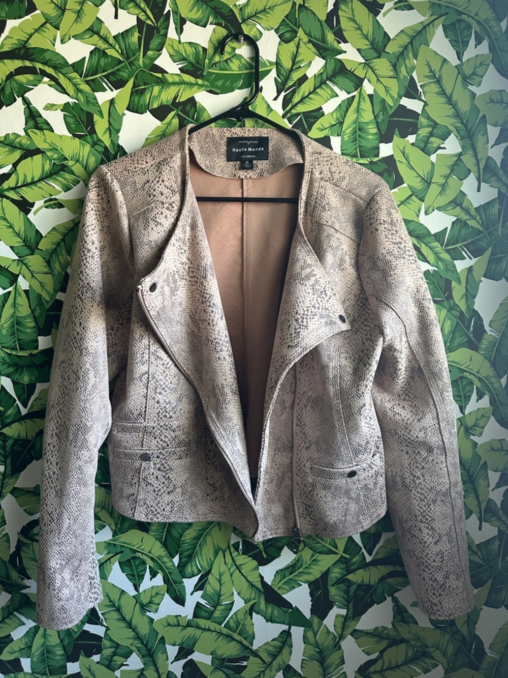 Haute Monde Beige Snake-Print Faux Leather Bomber Jacket